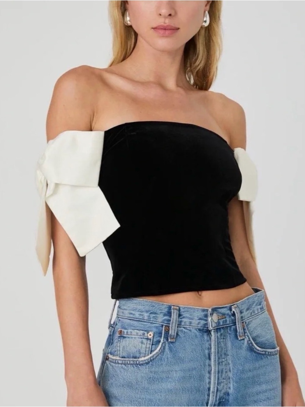 French Connection Black Off-Shoulder Crop Top with Cream Bow Sleeves
